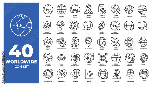 Set of 40 worldwide thin line featuring earth globes, global concepts, and symbols planet