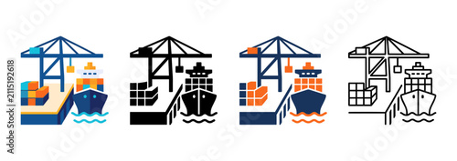 Port Icon with Cargo Crane and Shipping Containers for Maritime Logistics in Flat, Silhouette, Outline and Glyph Design