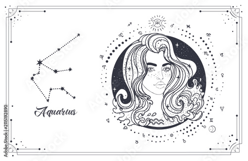 Vector line art of Aquarius zodiac woman with sacred geometry and celestial star map. Modern mystical astrology illustration connected with innovation, horoscope symbolism and new age spirituality.