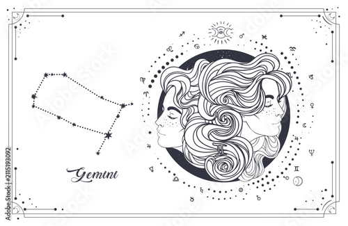 Vector line art of Gemini zodiac woman with sacred geometry and celestial star chart. Modern mystical astrology illustration connected with horoscope reading, new age spirituality and cosmic symbolism