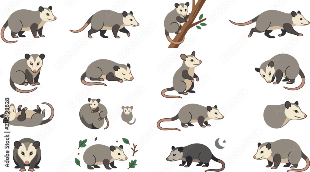 Obraz premium Comprehensive collection of cute opossum characters in various poses and actions isolated on a white background