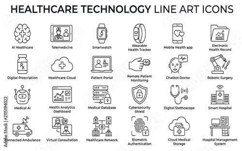 Healthcare Technology Line Art Icon Set, Outline Collection of Digital Medical, Telemedicine, and Smart Hospital Icons