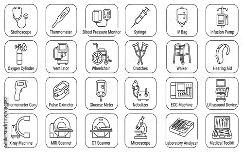 Medical Equipment and Healthcare Devices Square Line Icon Set, Outline Collection of Hospital Tools and Clinical Diagnostic Icons
