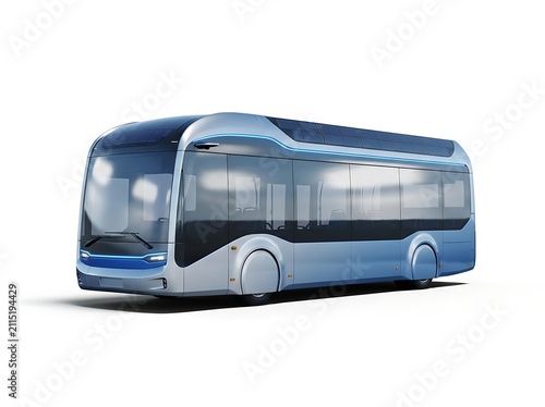 Futuristic electric bus with solar roof panels isolated on white studio background