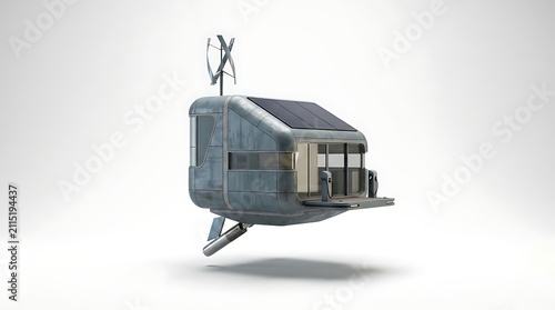 Futuristic Sustainable Micro Home with Solar Panels and Wind Turbine Floating in White Space