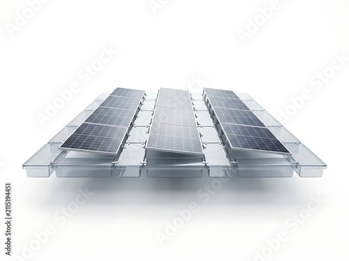 Floating solar panel system on white background for renewable energy and sustainable power concept