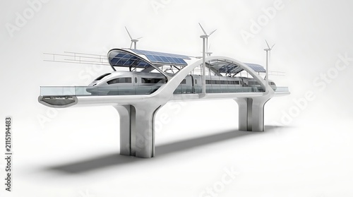 Futuristic high speed train on elevated bridge with solar panels and wind turbines for energy