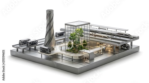 Futuristic Sustainable Transport Hub with Modern Trains and Green Architecture Concept