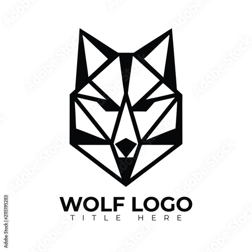 Minimalist black and white vector illustration of a geometric wolf head design with sharp lines