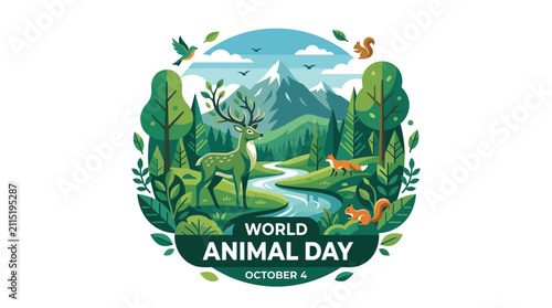 Photography World Animal Day illustration with forest landscape, deer, fox, squirrels, bird