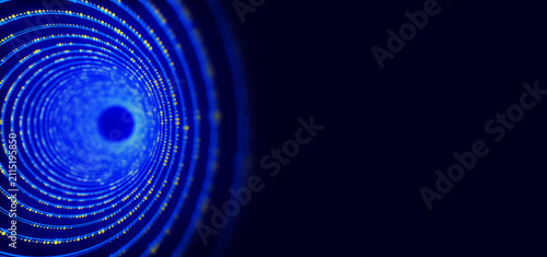 Blue circular light tunnel with yellow glowing particles on dark background. Abstract digital vortex with concentric rings, deep perspective and copy space for technology, data flow and futuristic des
