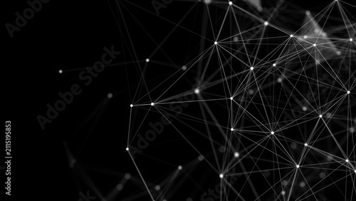 Monochrome network lines and glowing connection points on a black background. Abstract technology image with thin geometric links, deep contrast and empty copy space for data, communication and digita