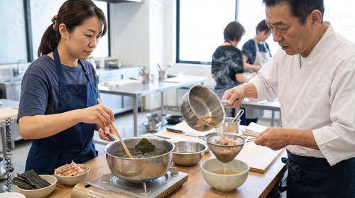 Japanese dashi broth workshop, learner straining clear stock through sieve, horizontal cooking basics class scene