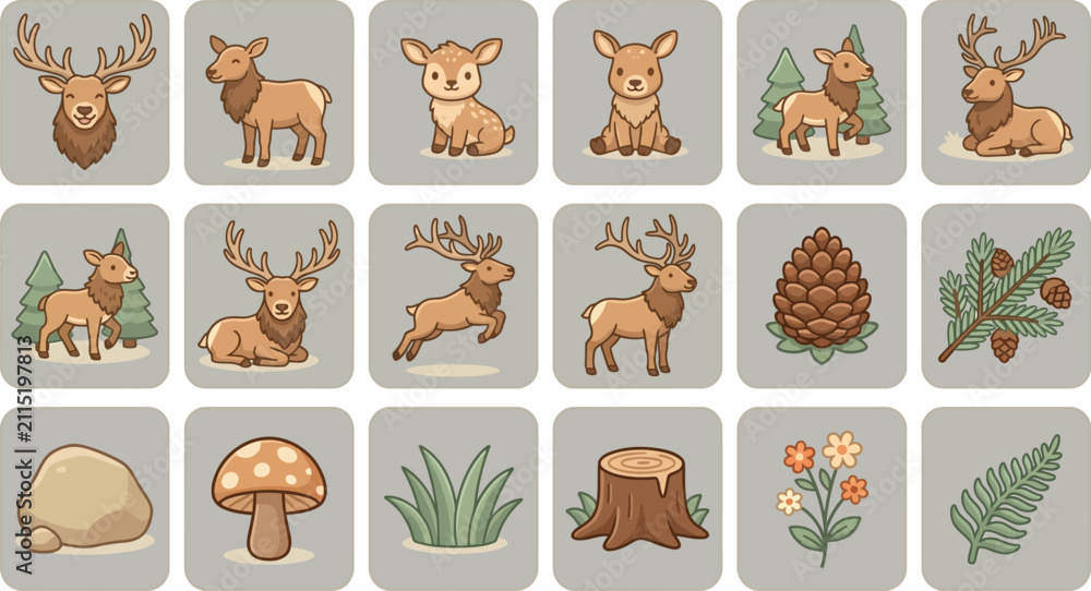 Obraz premium Deer character icon set with forest woodland elements, flat vector design for nature and wildlife illustrations
