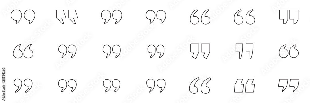 Fototapeta premium Modern Minimal Quotation Marks Line Icon Set Collection – Editable Outline Quote Symbols, Speech Marks, Double Quotes Vector Pack, Black Thin Stroke Design Isolated on White Background