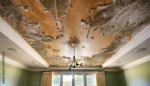 damaged ceiling with water drip and mold growth showing clear signs of substantial water intrusion and structural degradation in a home
