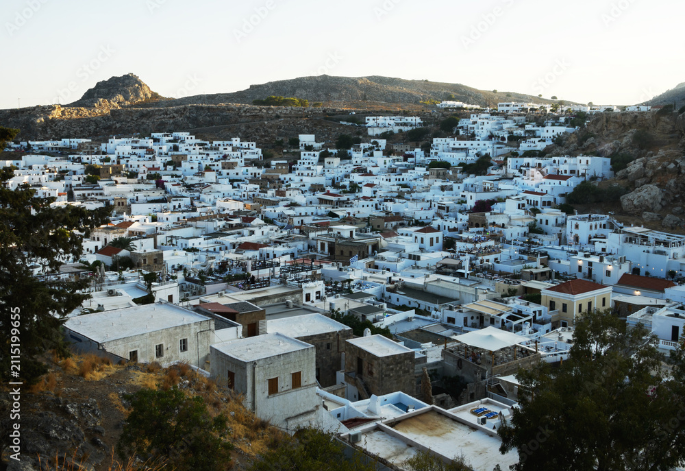 Fototapeta premium view of Lindos - an archaeological site, a fishing village and a former municipality on the island of Rhodes, in the Dodecanese (Greece)