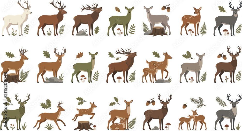 Fototapeta premium Diverse deer species collection featuring various poses, forest plants, and woodland elements in flat vector graphic