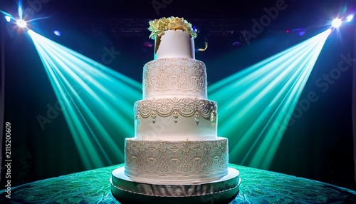 elegant multi tier white celebration cake with ornate decorations illuminated dramatically by vibrant turquoise spotlights against a dark evocative background
