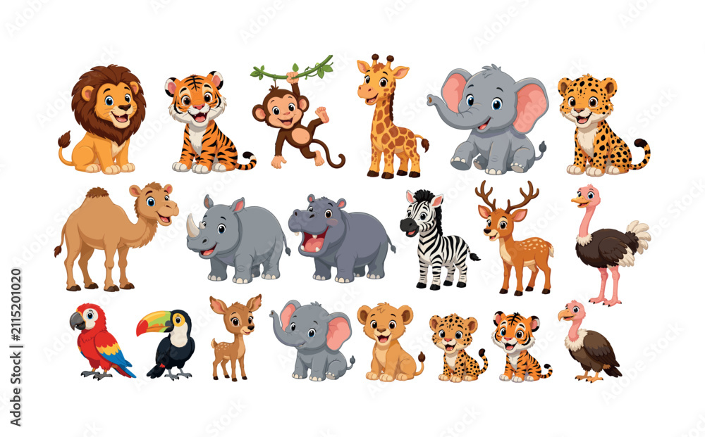 Obraz premium Collection of cute cartoon wild animals from the savanna and jungle habitats