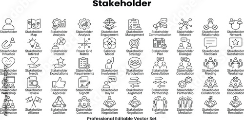 Stakeholder icon set. Includes business, collaboration, teamwork, Management, investors, partners, employees, and more. Vector illustration