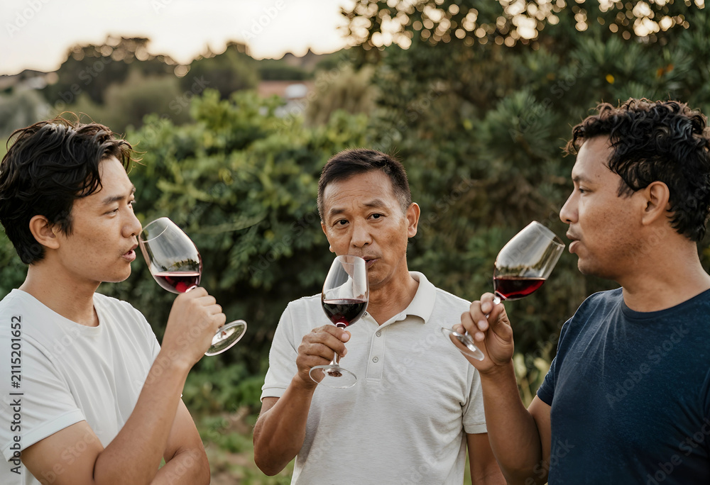 Obraz premium Three diverse men tasting red wine outdoors, enjoying a vineyard experience and social gathering