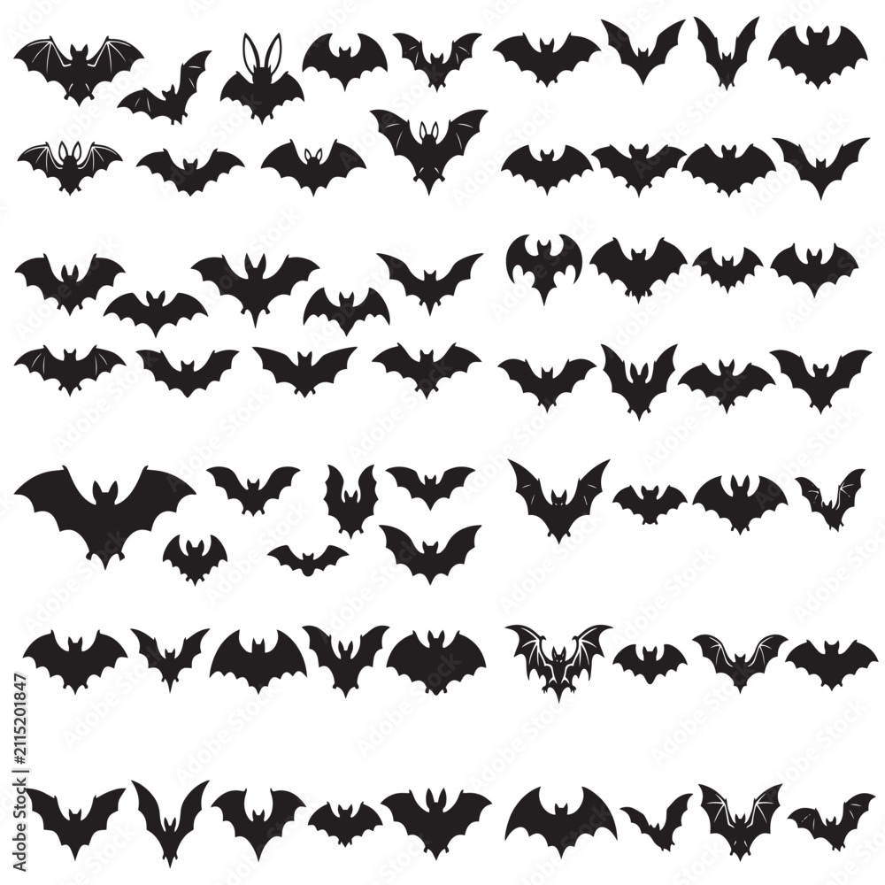 Fototapeta premium A collection of black bat silhouettes arranged in three rows on a white background.