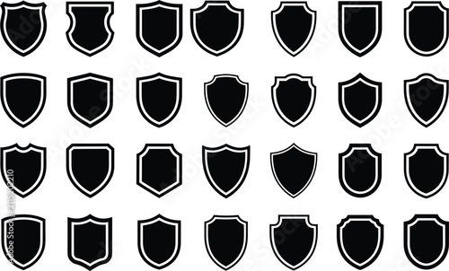 Collection of various black shield icons isolated on white background for creative design