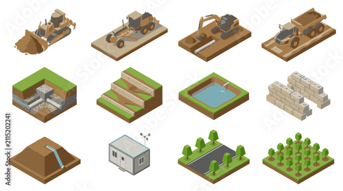 Isometric Construction and Agriculture Icons Set.