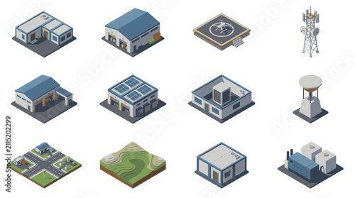Isometric illustration of buildings and infrastructure icons.