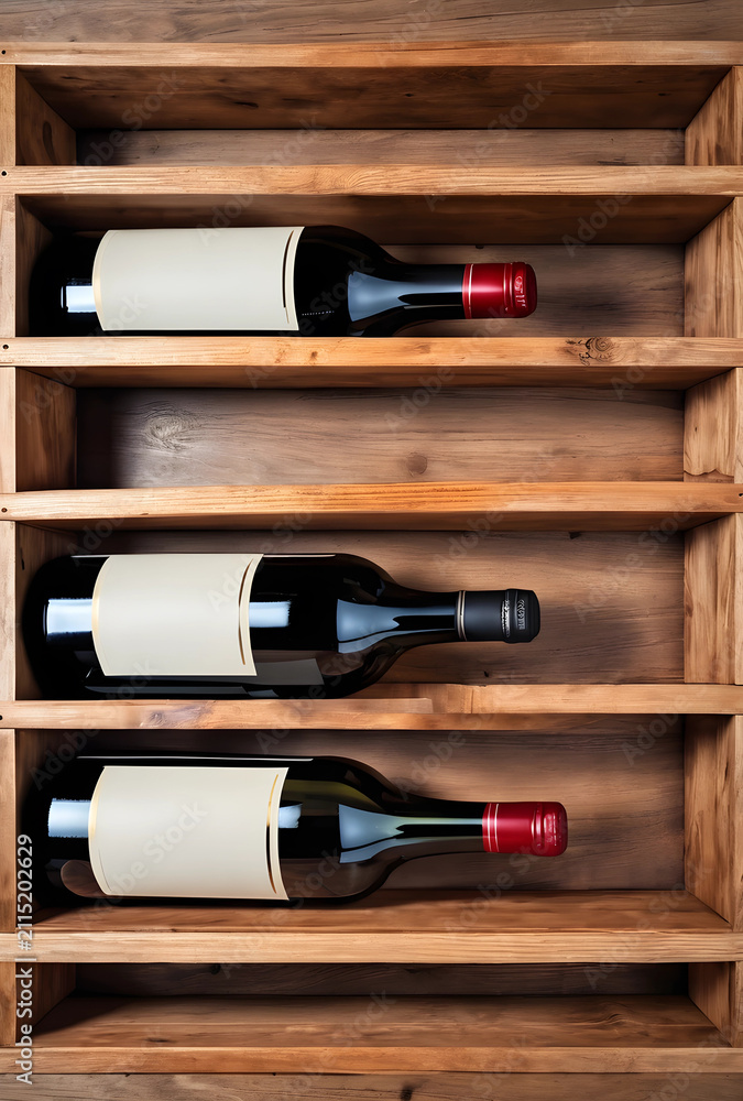 Obraz premium Three dark wine bottles with blank labels stored horizontally in a rustic wooden wine rack, top view