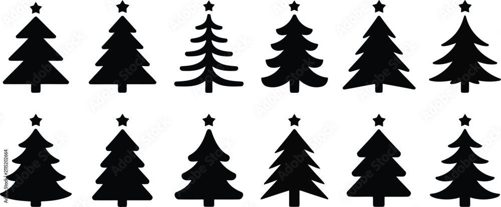 Obraz premium A collection of twelve different black silhouette christmas tree icons isolated on a white background for holiday design projects