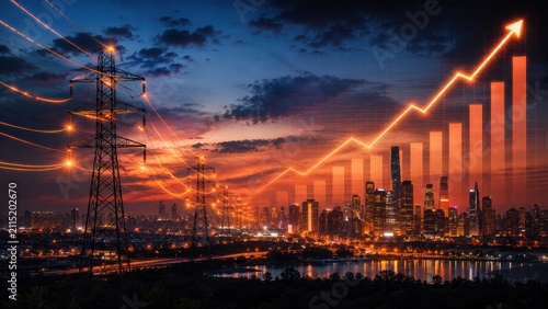 Rising Electricity Prices Concept with Power Transmission Lines and Upward Energy Cost Chart