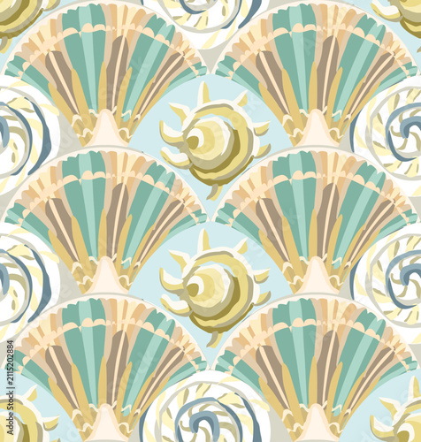 Seamless vector pattern with stylized seashell fans, spiky conch shells, and spiral ocean waves in soft pastel shades. Elegant marine art deco background illustration for summer apparel, wallpaper

