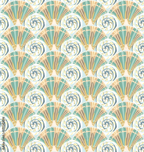 Seamless vector pattern with stylized seashell fans and spiral ocean waves in pastel shades. Elegant marine art deco background illustration for summer apparel, wallpaper, textile, wrapping paper