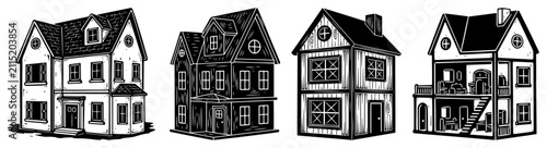 Foto House icons and home buildings set, vintage linocut style architecture for real