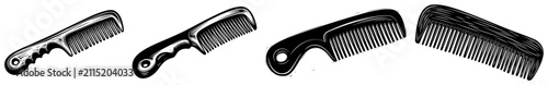 Pet grooming combs set for hair care, animal brush and grooming tools collection in vintage linocut style