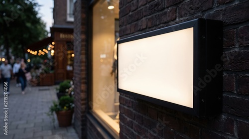 rectangular sign box mounted on a dark brick wall of a storefront along a street during dusk.