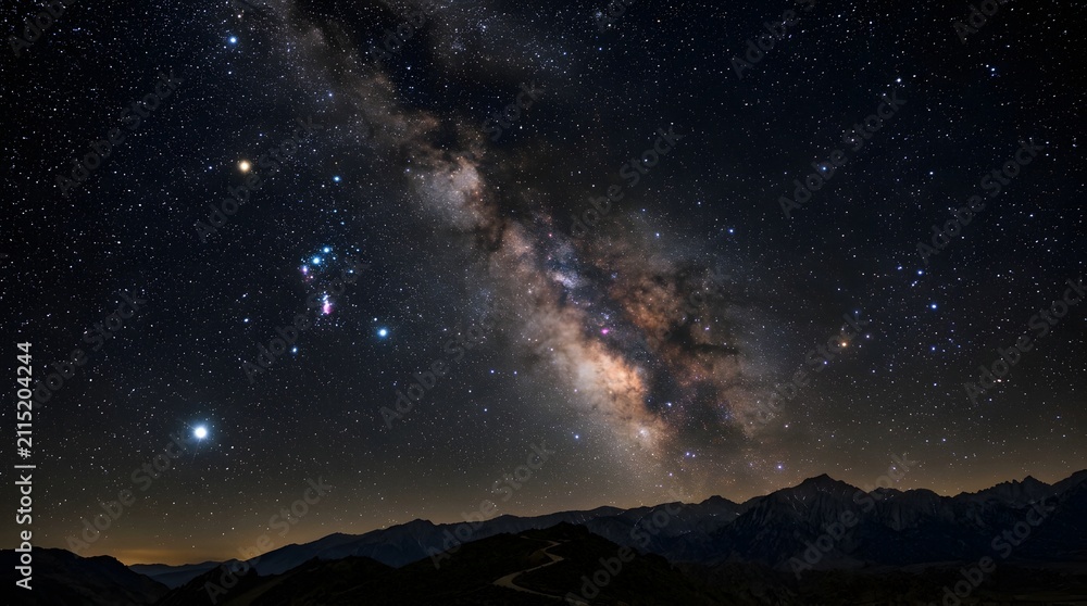 Fototapeta premium Milky way galaxy and Orion constellation over dark mountain silhouettes