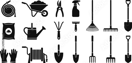 Gardening tools and farm equipment vector silhouette set for landscaping logo