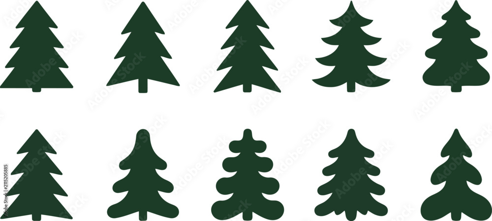 Obraz premium A collection of ten different dark green hand drawn christmas tree illustrations isolated on a plain white background