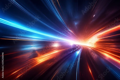 Blue and orange light streaks accelerating through dark space