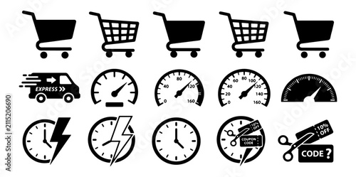 Canvastavla E-commerce shopping icons set, black silhouette delivery van and shopping cart s