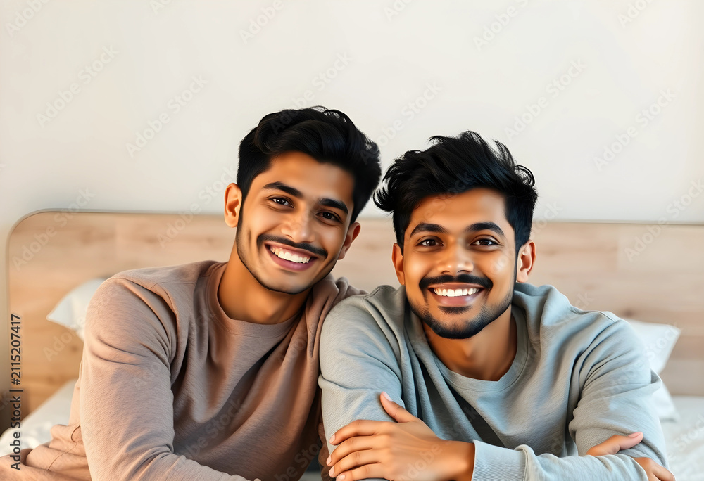 Fototapeta premium Two smiling young indian men in casual wear sitting together on a bed, friendship and relationship
