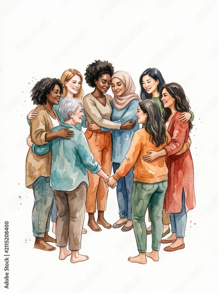 Fototapeta premium Diverse group of women embracing in a circle showing unity and support