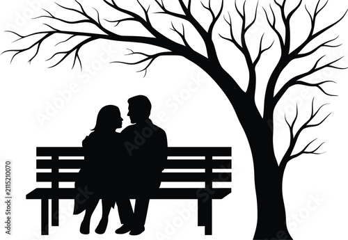 Silhouette of a romantic couple sitting together on a wooden park bench under a large tree during a quiet evening