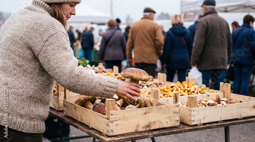 Woman selecting fresh porcini mushroom at autumn farmers market