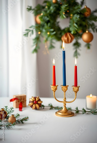 Lit red and blue candles in...