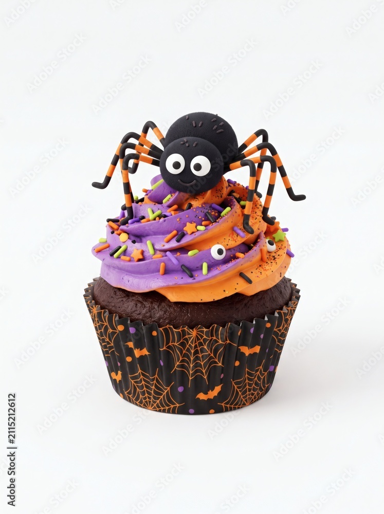 Fototapeta premium Cute Halloween cupcake with spider decoration and colorful frosting
