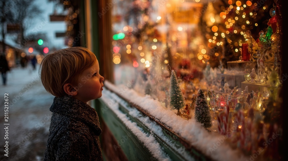 Obraz premium Joyful kid looking through a glass window at a magical holiday window display with a snowy street outside